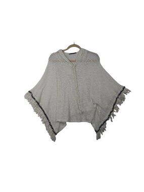 ✨3/$30 Honey Punch M Knit Hooded White Fringe Poncho Open Front Tassel Boho